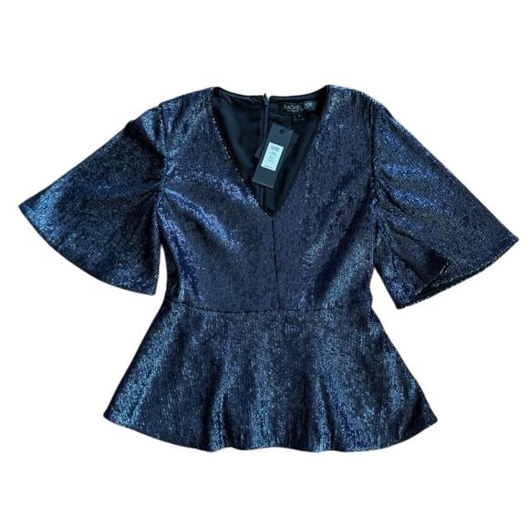 NWT Rachel Zoe Women's V Neck Clover Baby Doll Sequin Blouse in Navy Blue Size 4 - Picture 3 of 9